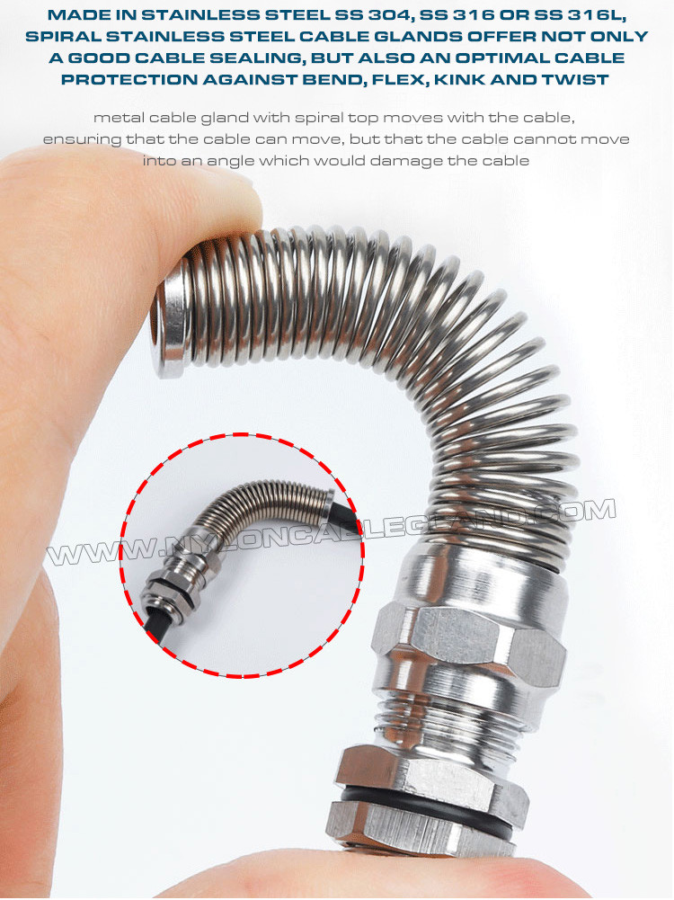 NPT Thread Stainless Steel EMC Cable Glands (Cord Grips) IP68 with Spiral Flex Protector