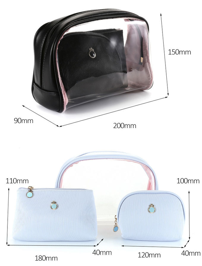 Custom Clear PVC Travel Zipper Wash Cosmetics Bags Set 3 Pieces