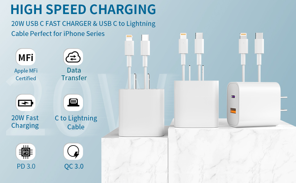 20W Dual Port QC PD 3.0 Power USB C Wall Charger for iPhone 14/13/12/Pro/Pro Max/XS/X/SE