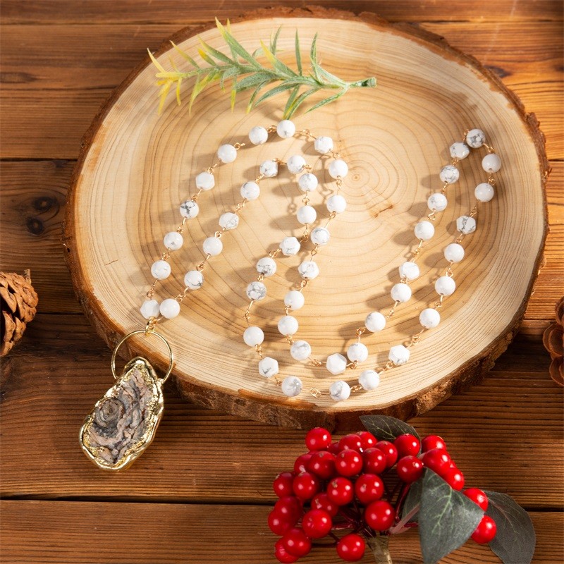 Semi Precious Pendant Turquoise Beaded Chain Necklace Handmade White Brown Color