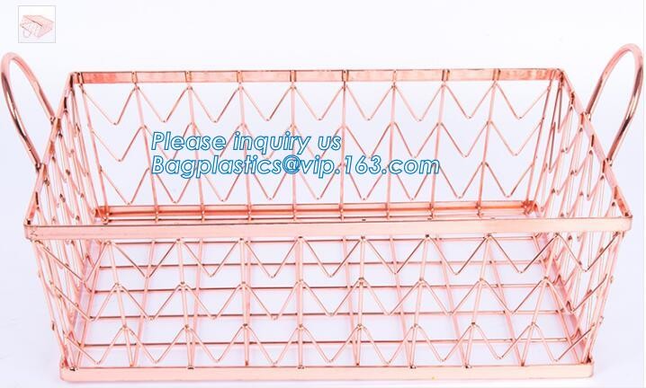metal wire storage basket with tray in whole sale lowest MOQ sale even just buy 1 set, Kitchen storage Rose gold wire me