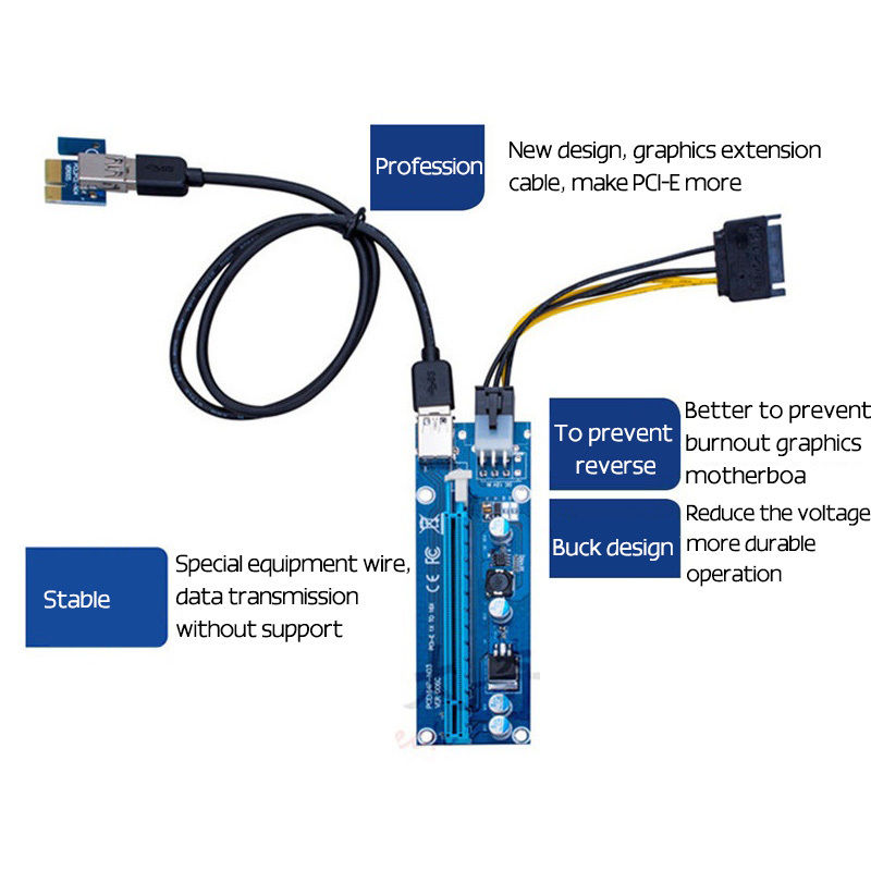PCI-E VER006S PCI-E 1x to 16x Riser Card Adapter With USB Extender Express Adapter USB 3.0 ST 6Pin Power Supply Cable