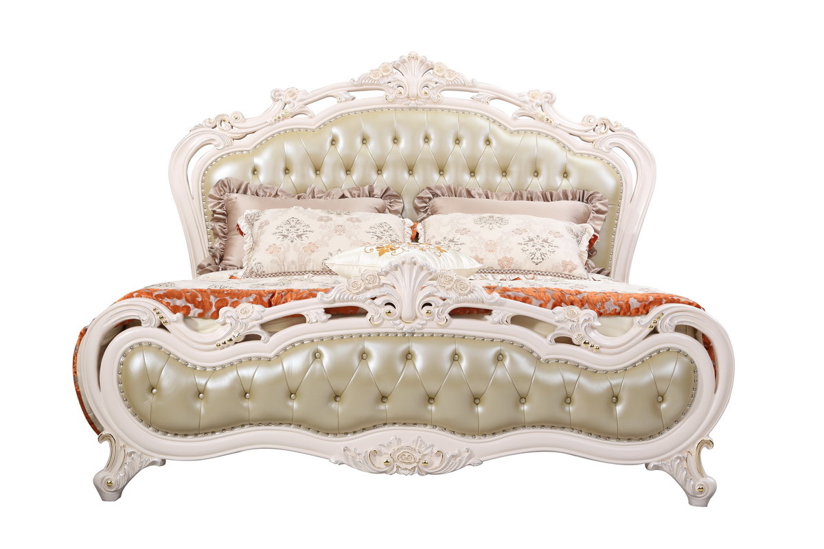 Luxury Bed Sets of Ivory White high quality bedroom furniture brands Leather upholstered Queen size Bed for Villa house