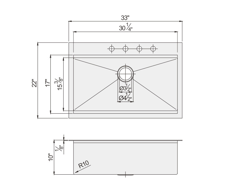 33'' Hand Made Single Basin Sink 16 Gauge SUS304 Stainless Steel Material