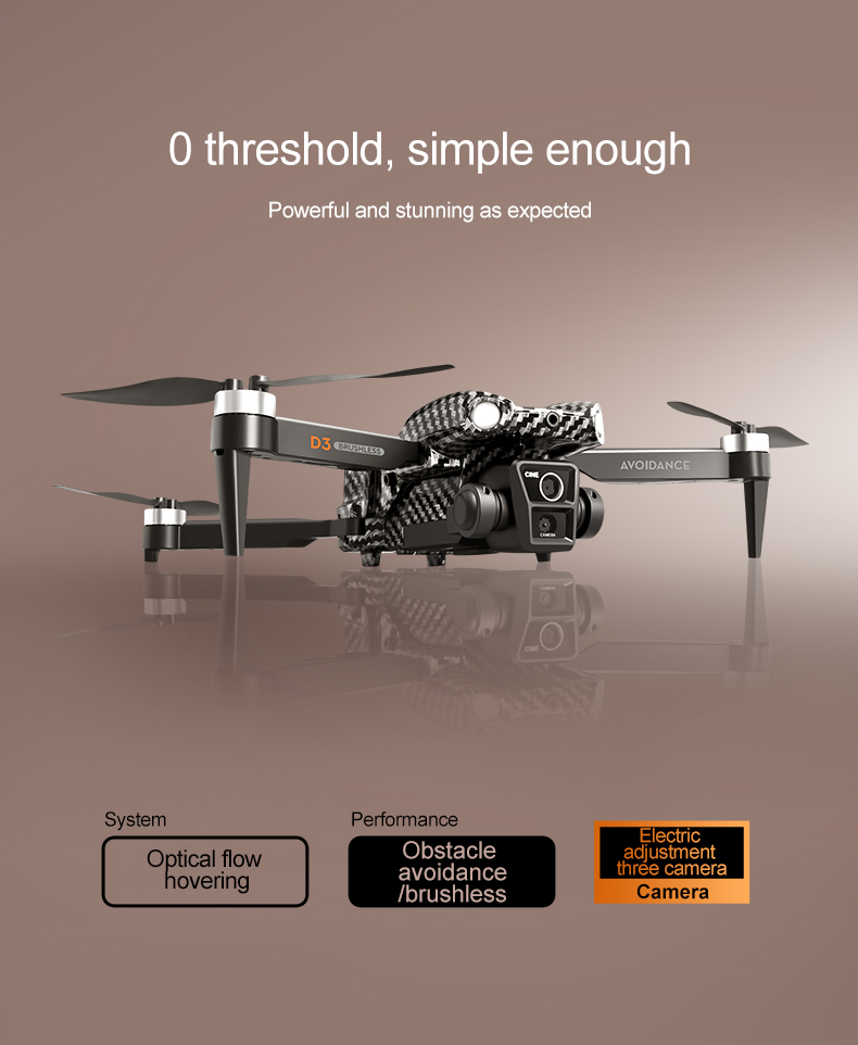 Beginner Operator Skill Level Portable RC Drone with Obstacle Avoidance and Triple Camera D3 Pro 4k Brushless Motor