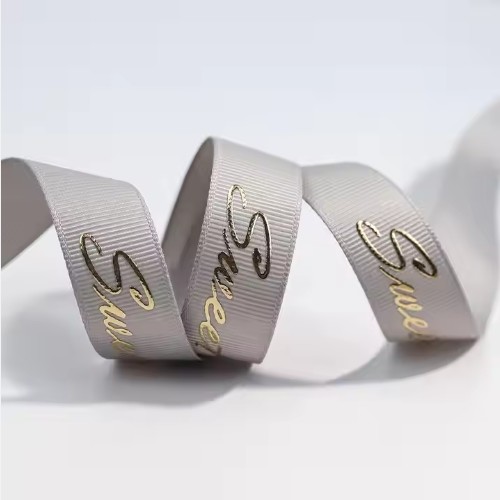 Customized Grey Shiny 3D Foil Printing Polyester Grosgrain Ribbon for Gift Packaging