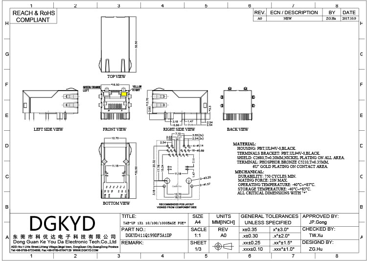 DGKYD411Q199DF5A1DP 6U RJ45 Network Connector Single Port POE+ Filter With Light Strip Shield PBT 12PIN