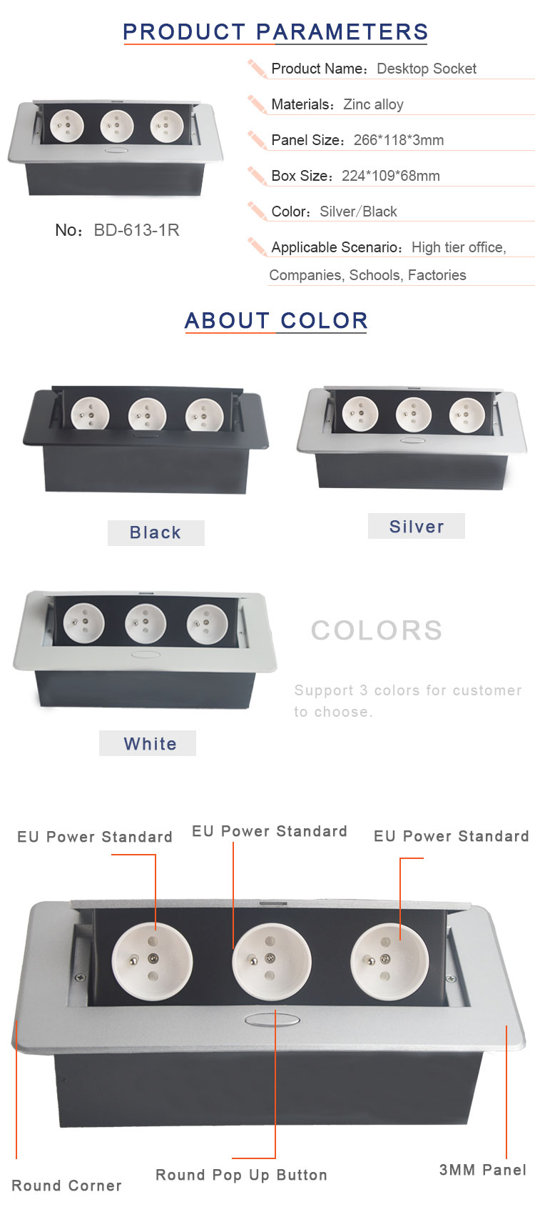 Multimedia round corner conference pop up table power socket outlet
