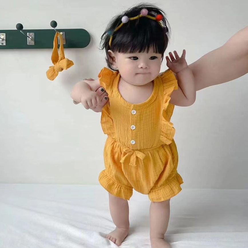 In Stock Summer Baby Girls Romper + Headband Cotton Linen Ruffles Sleeveless Infant Rompers Newborn Clothes