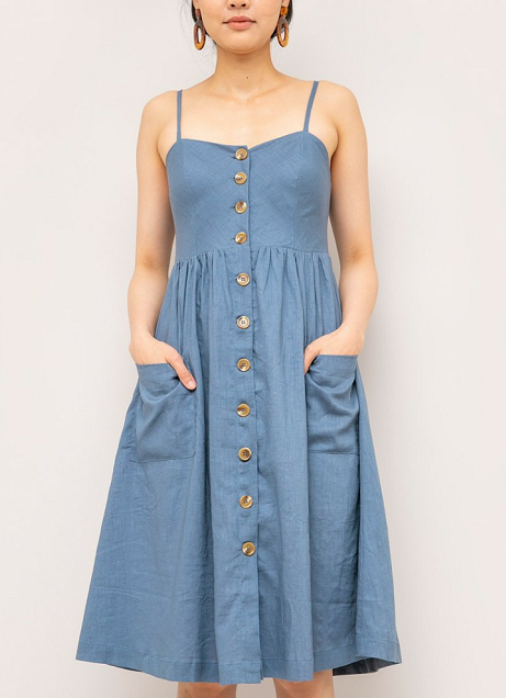 Summer chambray midi linen dress with a fit & flare silhouette and a button up front