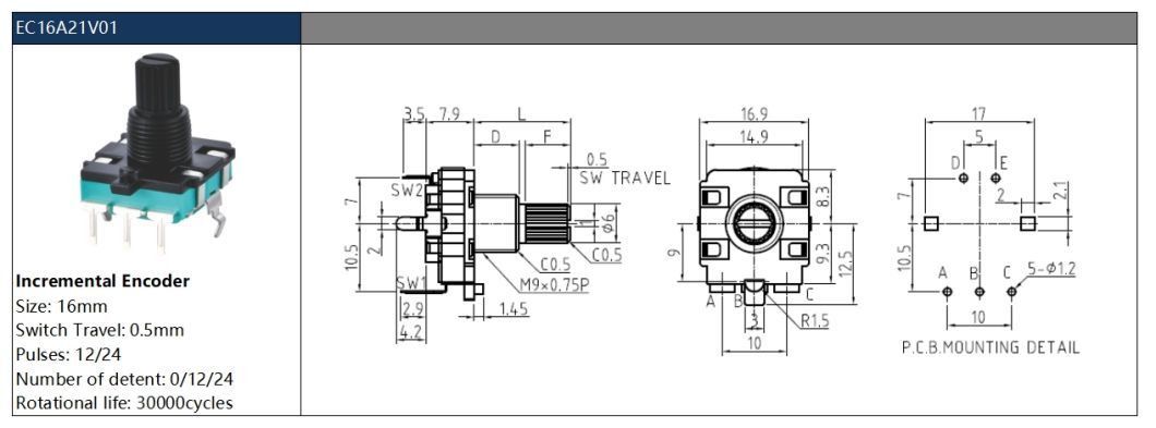 Ec16 Insulated Shaft Rotary Encoder 16mm Plastic Housing with Switch