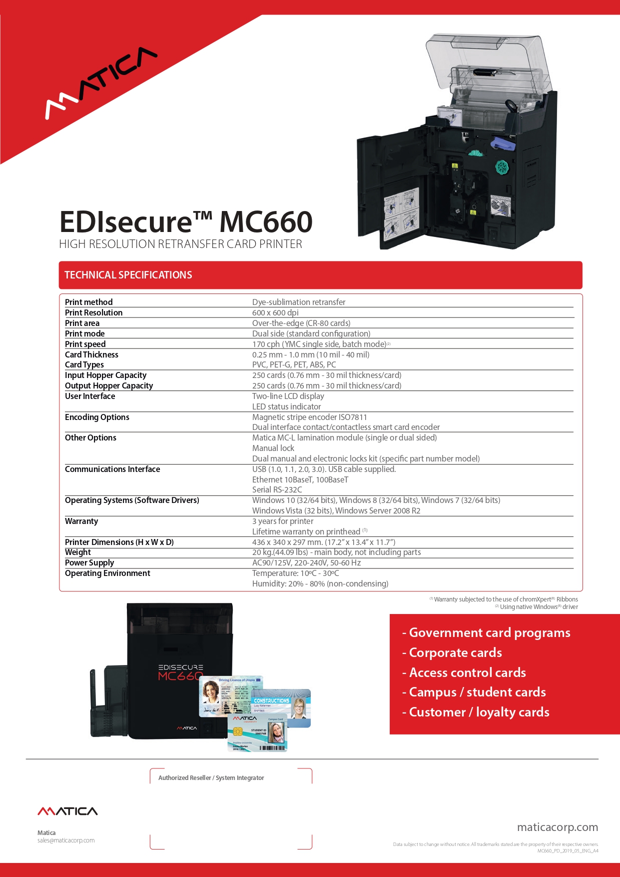 600 dpi Matica EDIsecure MC660 Retransfer Dual Sided NFC Business Smart RFID Card Printer