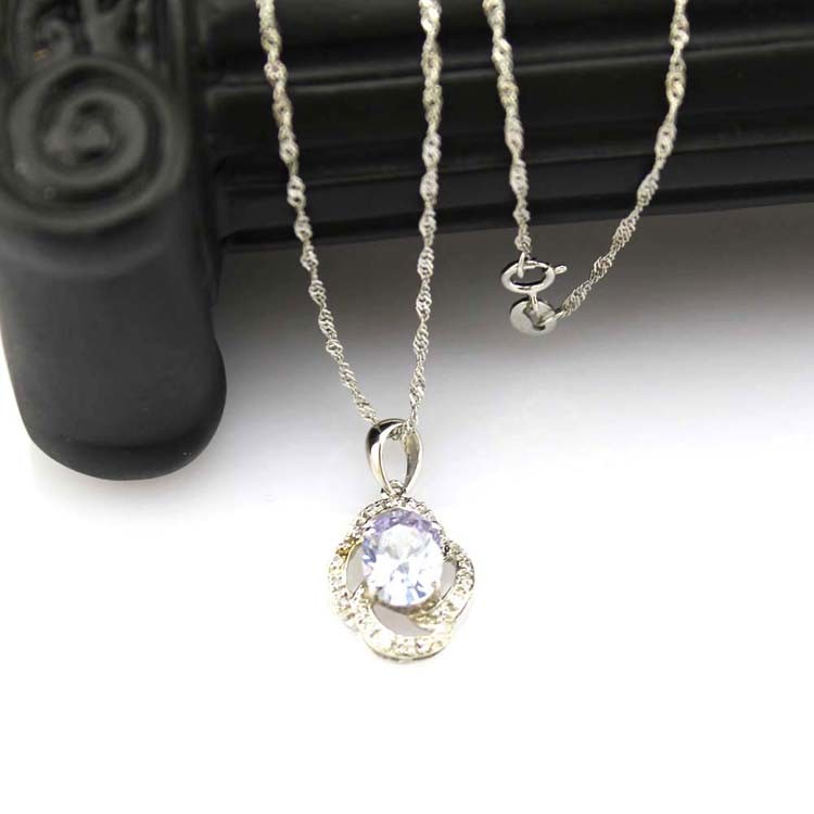 925 Silver Pendant Necklace 7x9mm Oval Lavender Amethyst Cubic Zirconia (PSJ030)