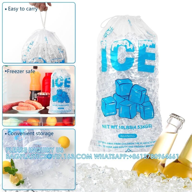 Reusable Ice Pattern Design Printing 2mil Thickness Heavy-Duty Plastic Ice Cube Storage Bags With Cotton Drawstring