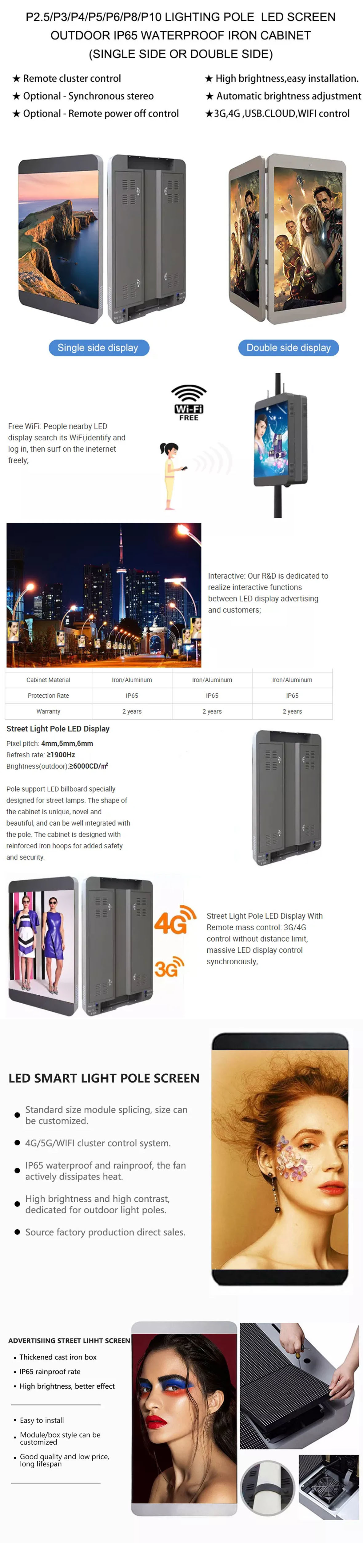 Outdoor Roadside Light Poles Displaying Full Color Led Signs Large Screen
