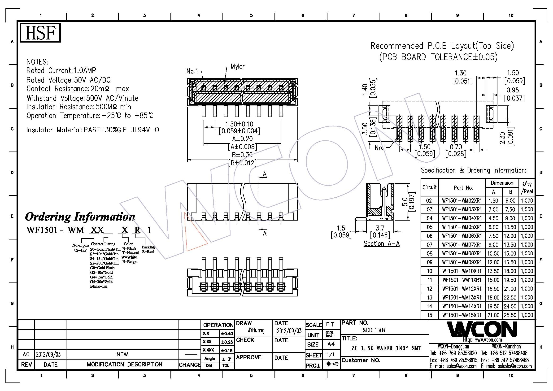 1.5mm 8 Pin 180°SMT Wire To Board Connector Circuit Board Connectors