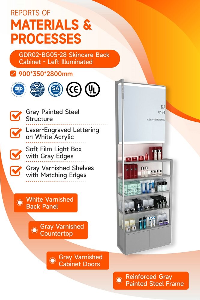 GDR02-BG05-28 Left Illuminated Skincare Display Cabinet with 60mm Soft Film Light Box and Grey Edge Banding for Fashion Boutiques