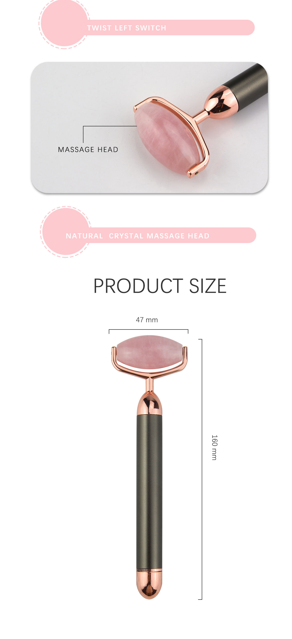 47mm Mini Waterproof Natural Face Jade Rollers Electric Vibration