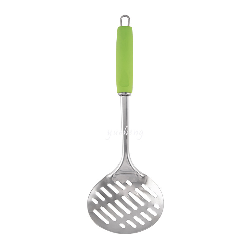 6pieces kitchen tools with Soft handle Green color handle with tray soup scoop Pasta Server Spoon Draining Spoon Slotted