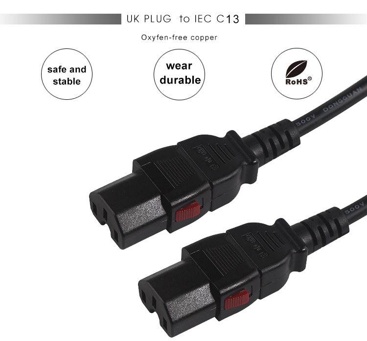Locking Us Plug To Iec C15 Desktop Computer Power Cable 16AWG- 18AWG