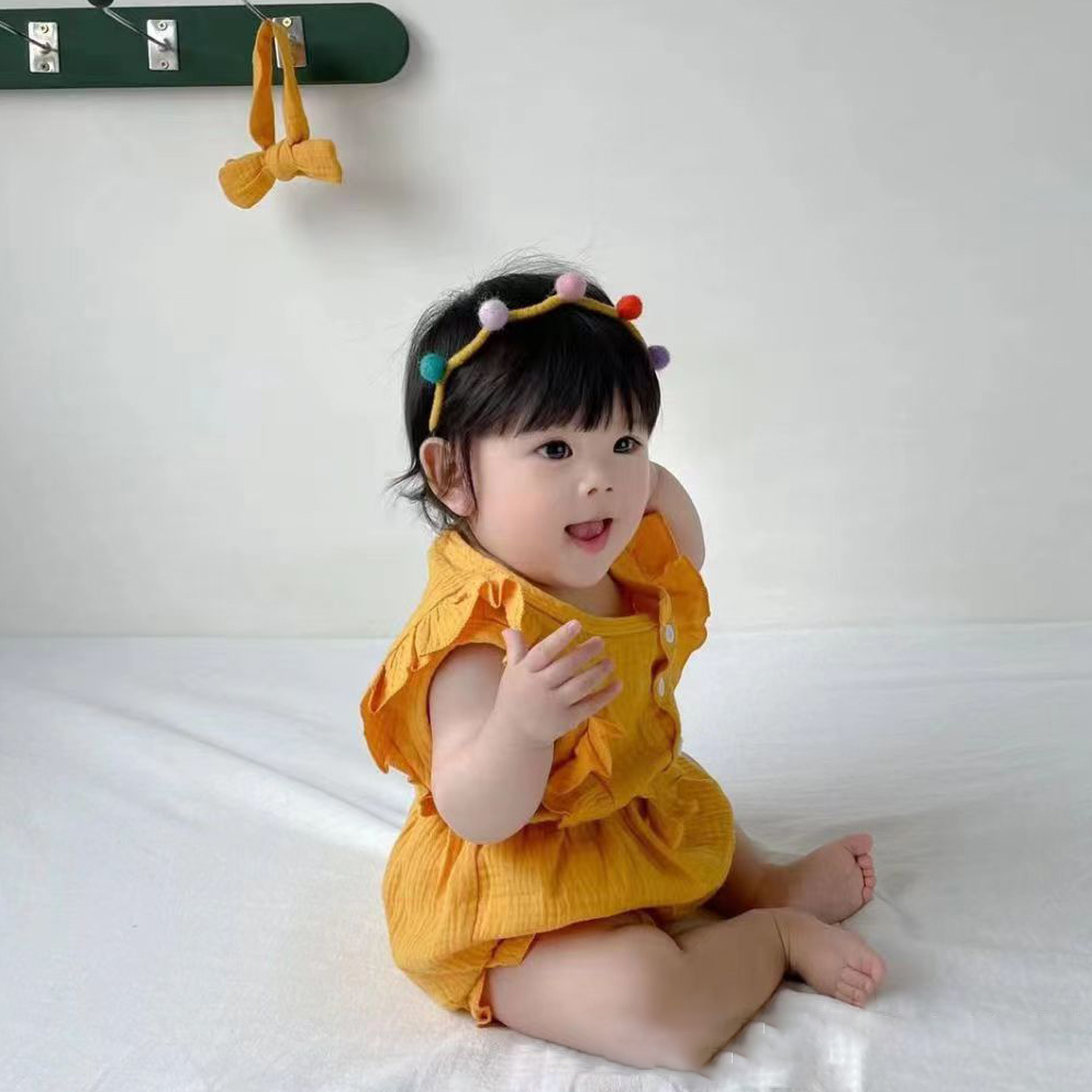 In Stock Summer Baby Girls Romper + Headband Cotton Linen Ruffles Sleeveless Infant Rompers Newborn Clothes