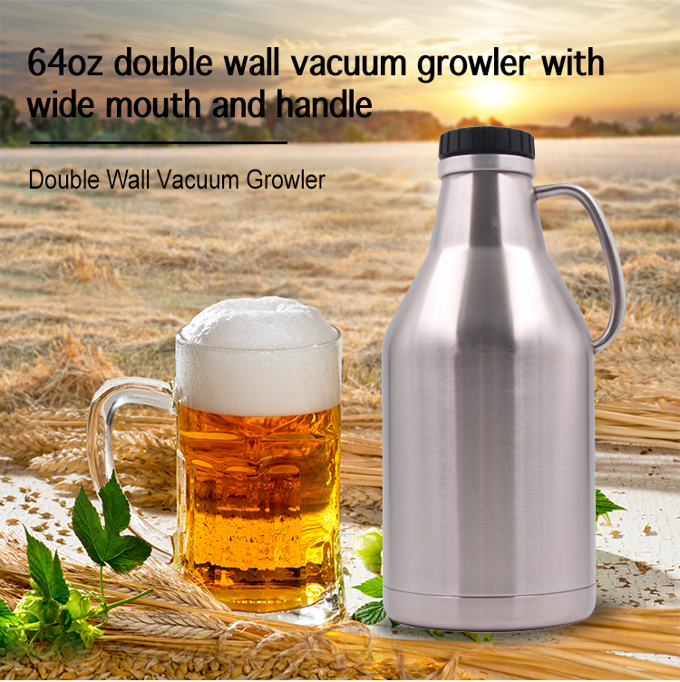 Stainless Steel Vacuum Insulated Growlers , Black 2L Screw Top Growler Double Wall