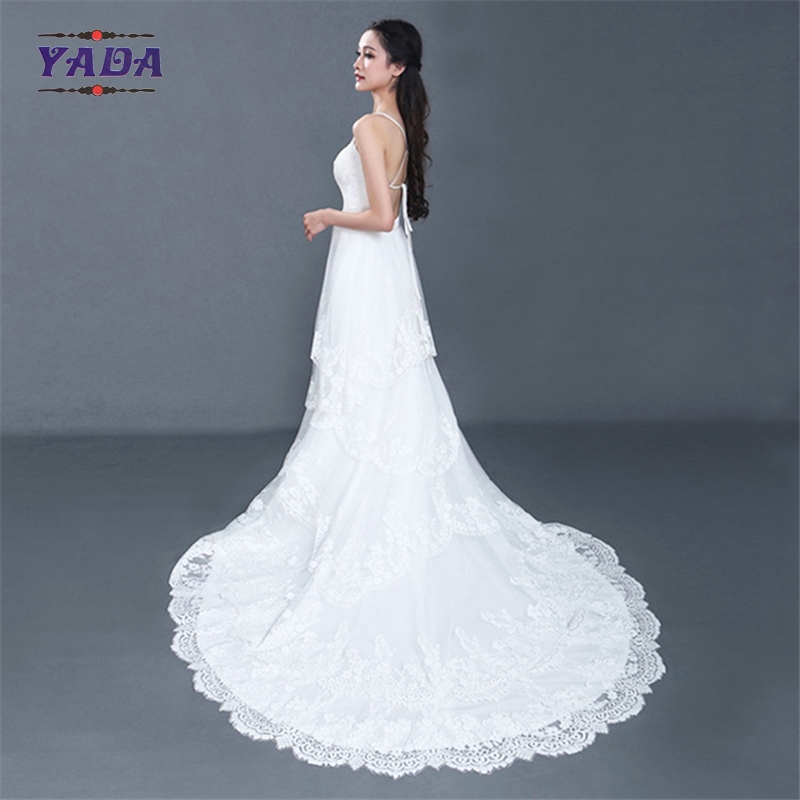 Spaghetti strap sexy low back 5 layers ruffles lace patterns dress ball gown bride dresses wedding