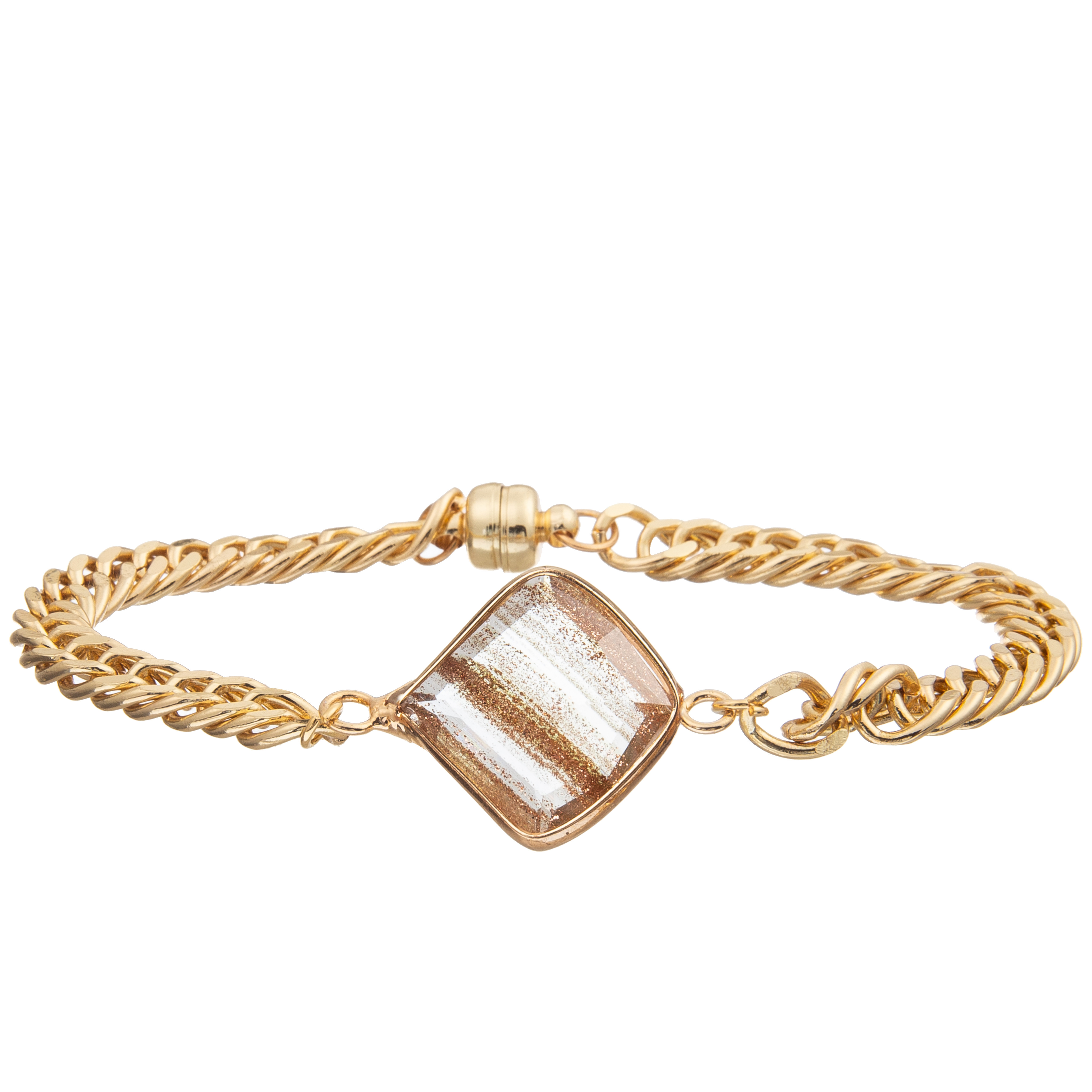 Magnetic Buckle Chain Link Bracelet With Gold Plated Zircon Quadrilateral Faceted Crystal