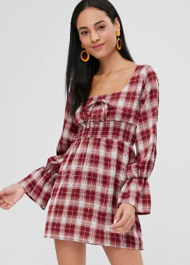 Womens Apparel Square Neck Checked Mini Empire Waist Dress
