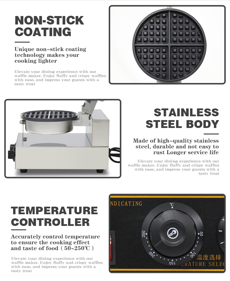 Non-stick Belgain Waffle Maker Machine 250*350*260mm Mould Size for Efficiency