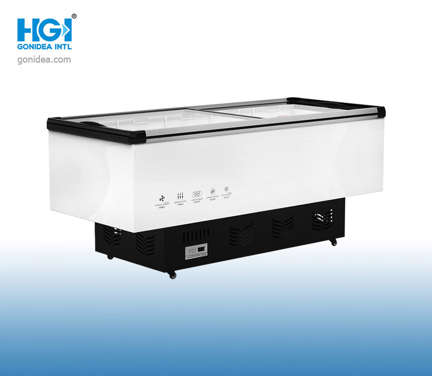White 1500mm 450L Supermarket Island Freezer Meat Deep Freezer 380W 2 Glass Door