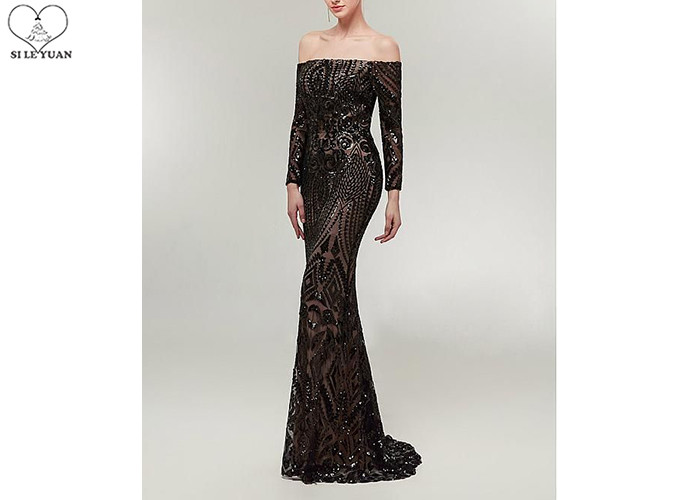 Black Sequins Mermaid Style Prom Dress / Sparkly Long Sleeve Ball Gown Small Tail