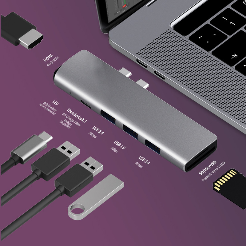 Type C HDMI 4K Thunderbolt 3 USB C Hub With Hub 3.0 TF SD Reader Slot PD