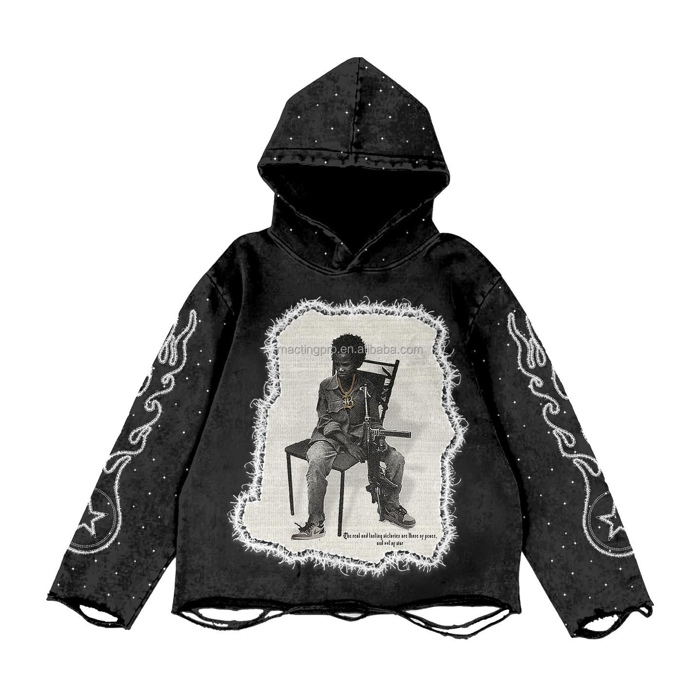 Black Vintage Rhinestone Hoodie Distressed Embroidery Patch 220 Grams Heavyweight Acid Wash