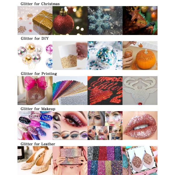 Print Method colors Fluorescent Glitter Powder for Christmas Decorations and Printing Crafts 1/8"-1/360" PET Material