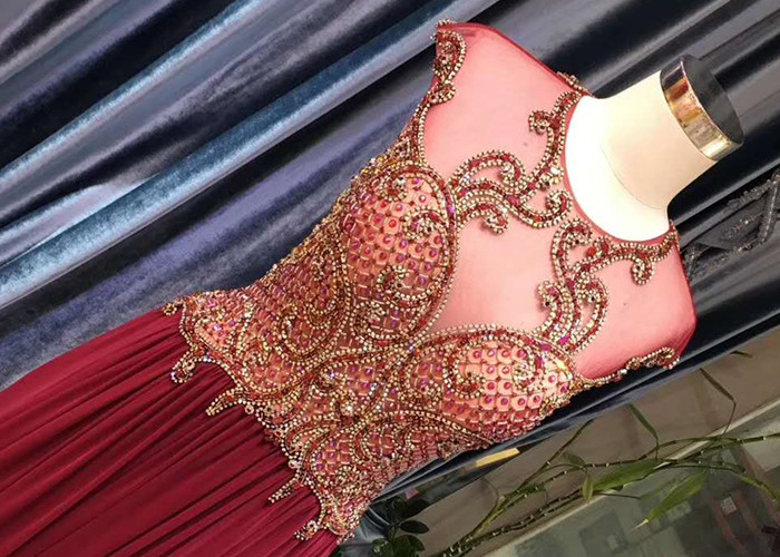 Maroon A Line Lace Prom Dress Sleeveless Top Lace Heavy Beading Sweep Train