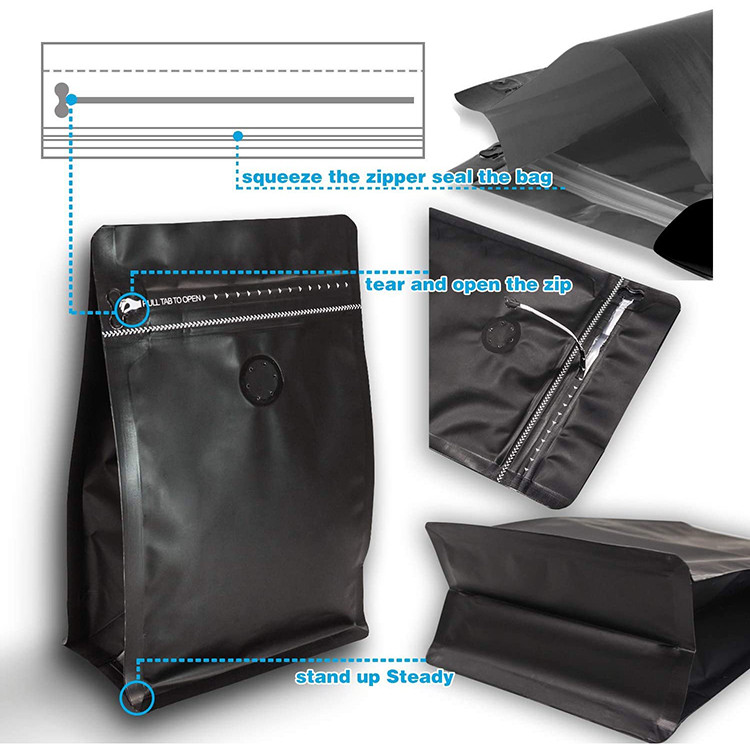 1lb White Black High Barrier Flat Bottom Coffee Bag Aluminumed Foil With Valve Resealable Side Zipper