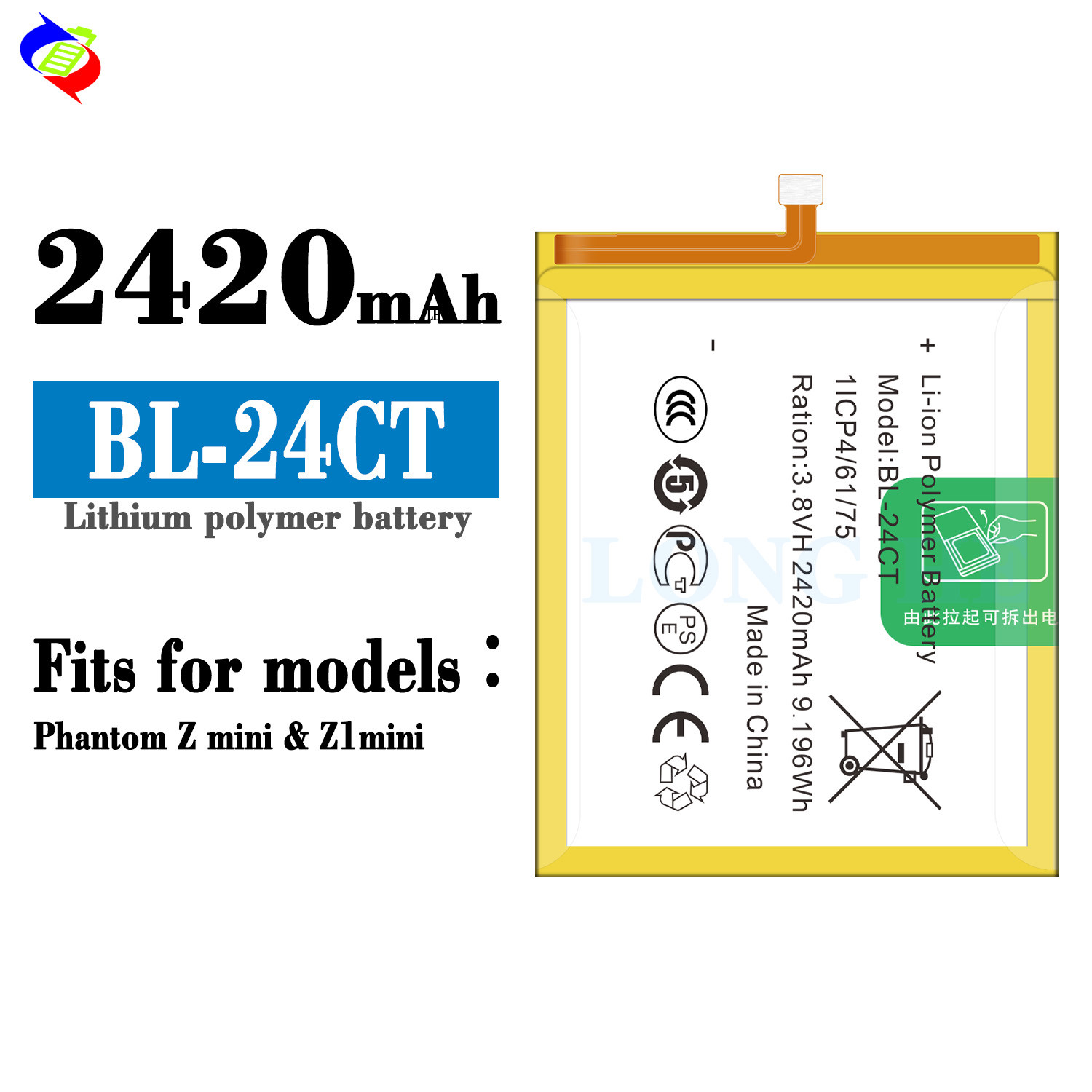 BL-24CT Lithium cell phone rechargeable battery for Tecno Phantom Z mini Z1 mini 3.8V 2420mAh replacement battery