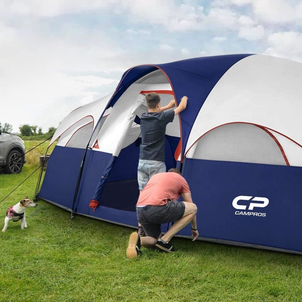 CAMPROS CP Tent 8 Person Camping Tents, Weather Resistant Family Tent, 5 Large Mesh Windows, Double Layer, Divided