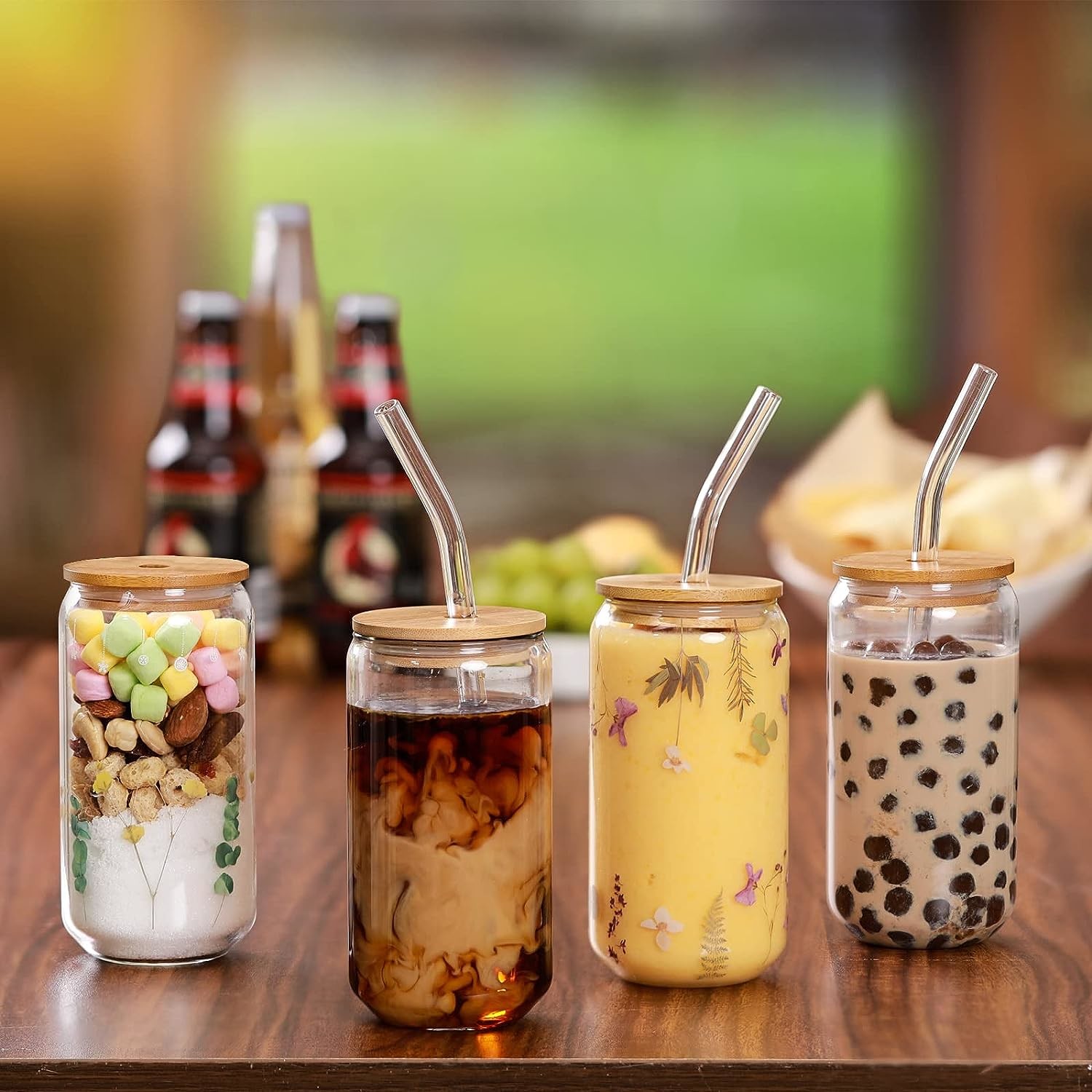Drinking Glasses With Bamboo Lids And Glass Straw 16oz Glass Can Shaped Cup