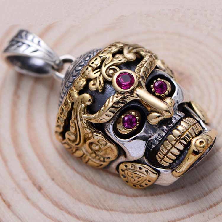 Vintage 925 Silver Golden Tone Skull Pendant Women Men Necklace (N20180406)