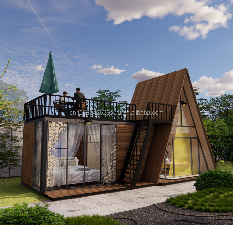 Customized Color Modular Steel Structure Triangular House 50/75/100mm Wave Sandwich Panel Luxury Design Wooden House