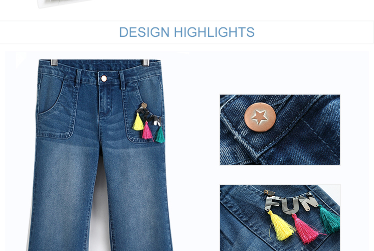 Wide Leg Tassel Trim Girls Denim Jeans , Bell Bottom Pants Adjustable Waist