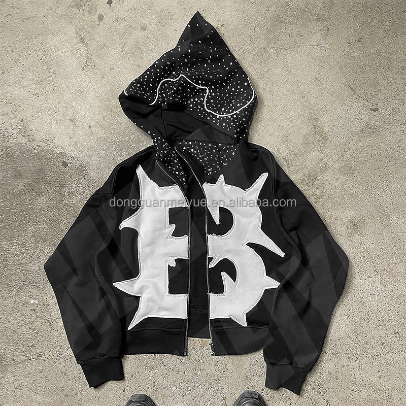 Heavyweight Distressed Applique Embroidery Hoodie Full Face Zip Up Hoodie Anti Shrink
