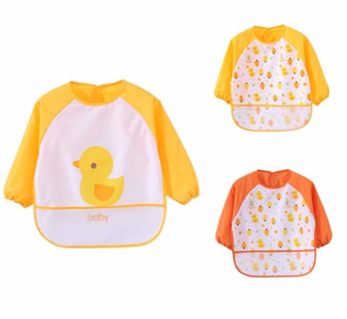 Yellow Full Sleeve Bib / Baby Smock Bib And Burp Cloth Set With Pocket