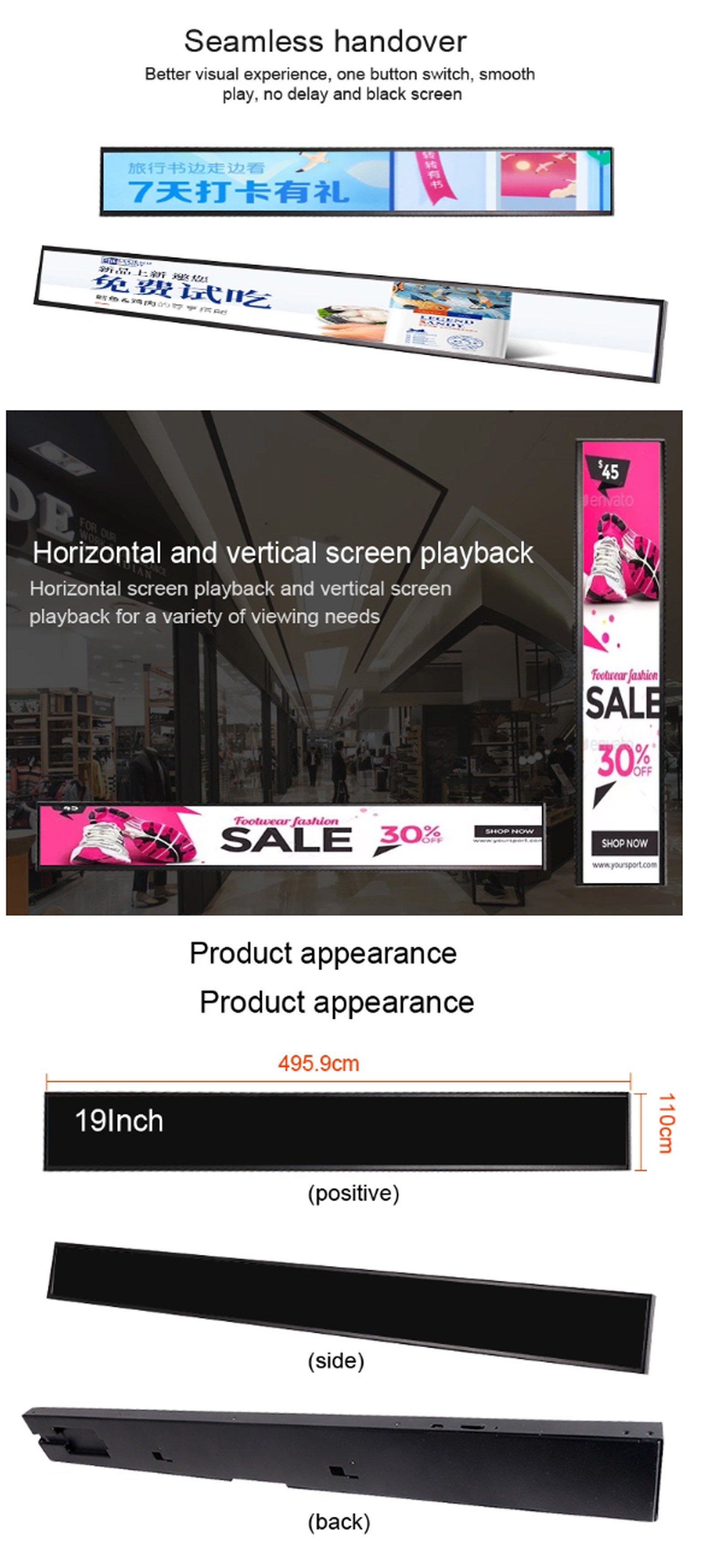 WLED Shelf Edge LCD Display 19" Ultra Wide Stretched Displays 30000 Hours Lifetime