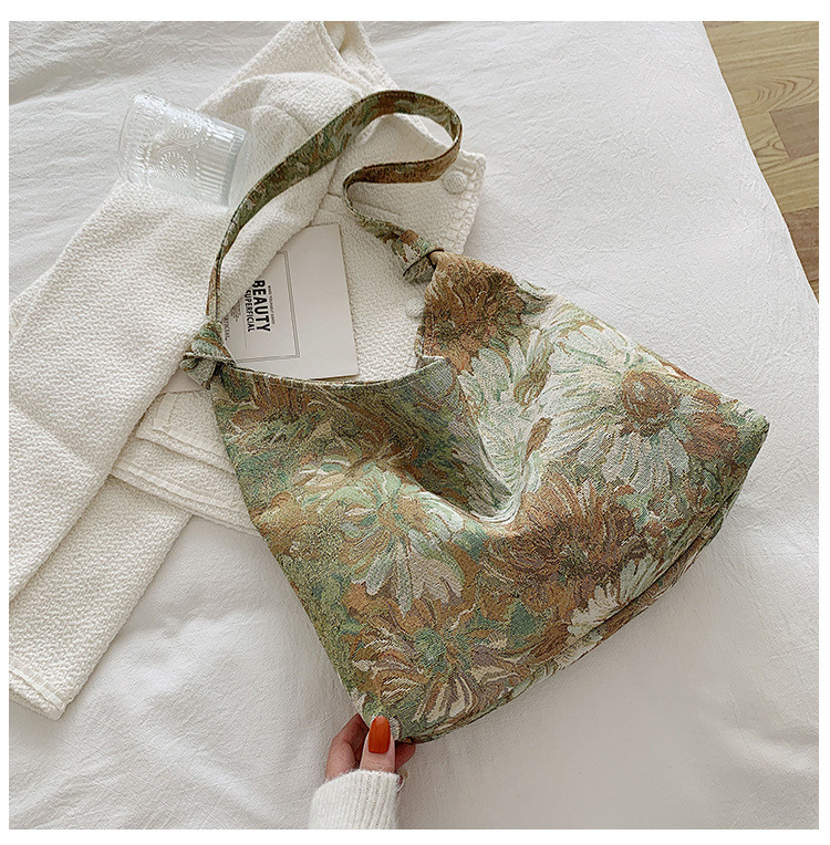 LARGE CAPACITY WOMEN'S BAG FRENCH SIMPLE CANVAS BAG OIL PAINTING NATIONAL STYLE SHOULDER BAG TOTE BUCKET BAG