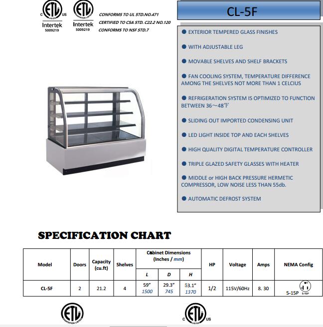 Rfrigrerated cake display case for bakery shop with CE/ETL
