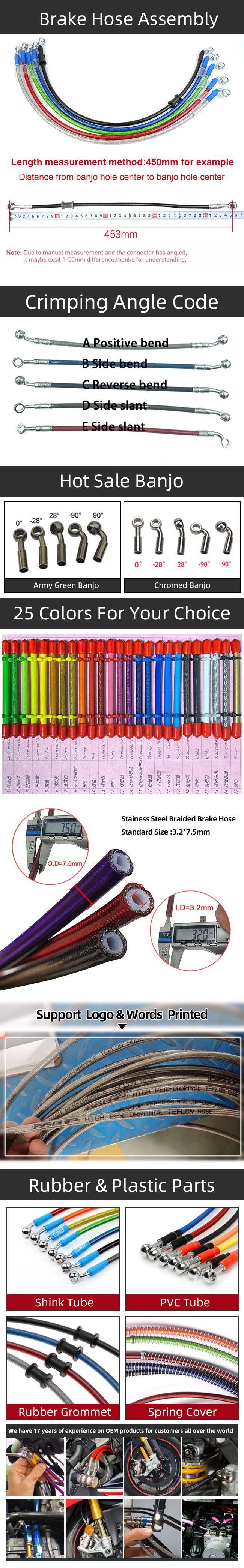 PTFE Brake Hose Assembly An3 3AN 1/8" Banjo Hose Ends 25 Colours