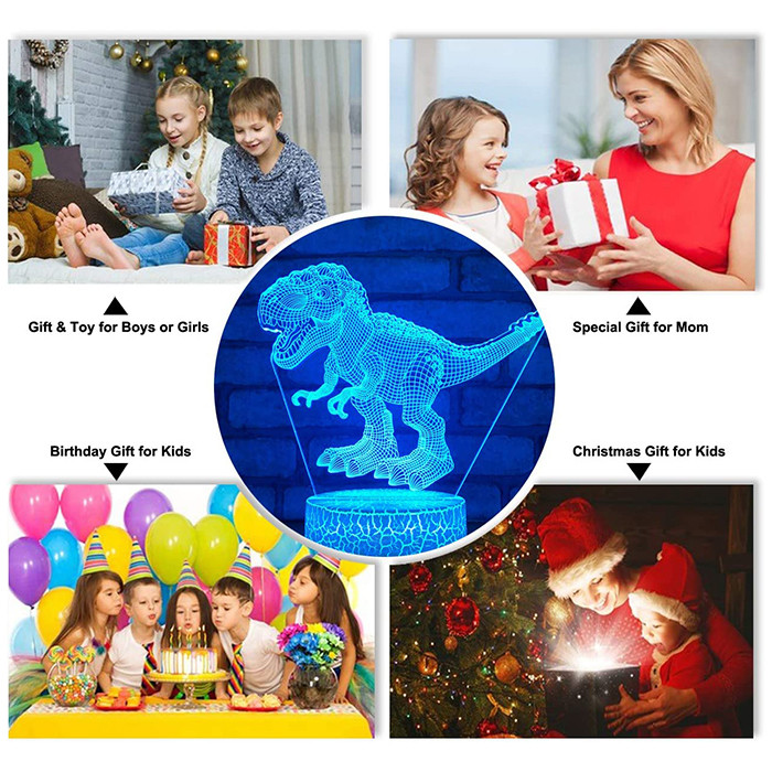 ROHS Dinosaur 3D Illusion Night Light With Remote Touch 16 Colors Changing